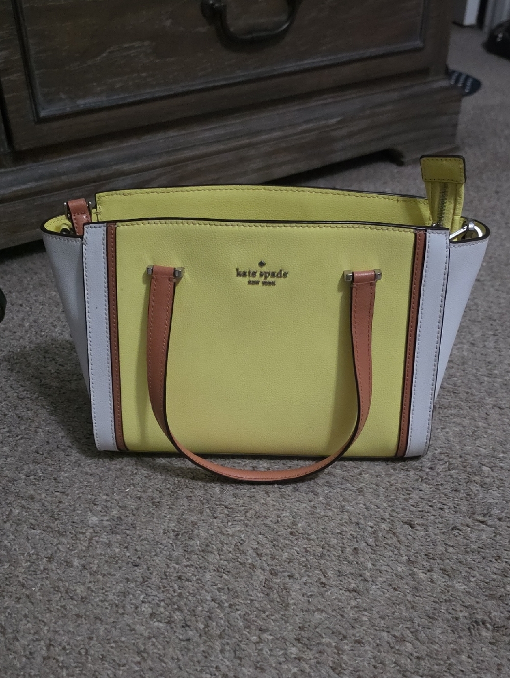kate spade yellow and white colorblock tote with brown handles